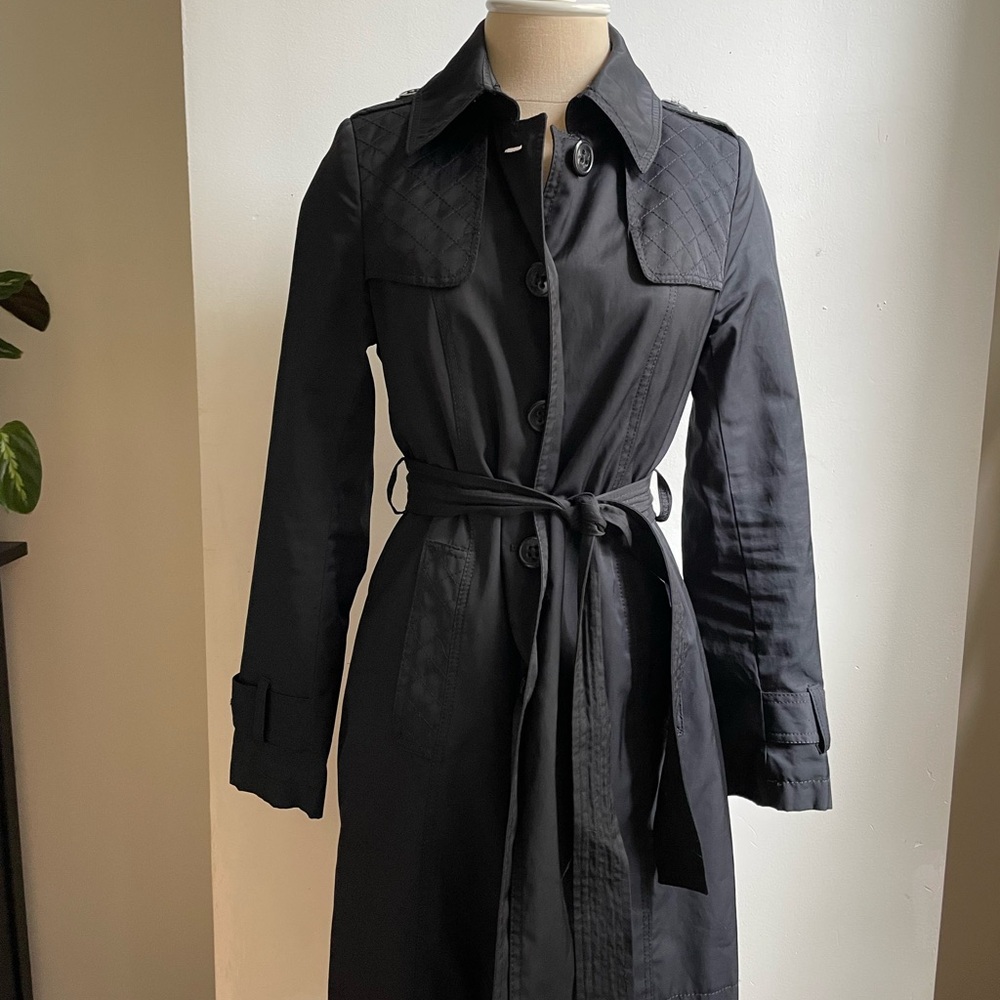DKNY Black Trench Coat with Belted Waist
